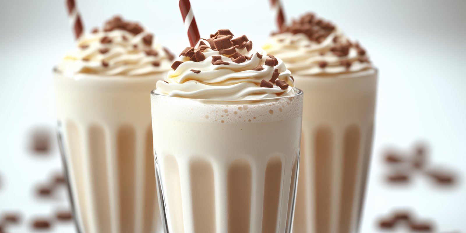 Creamy milkshakes topped with whipped cream and chocolate sprinkles served in tall glasses for a delightful treat